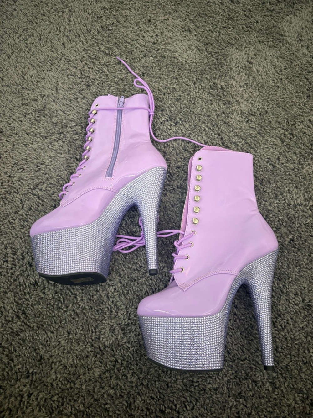 Pleaser Lilac Patent Rhinestone Platform Lace-Up Ankle Boots - Picture 3 of 5